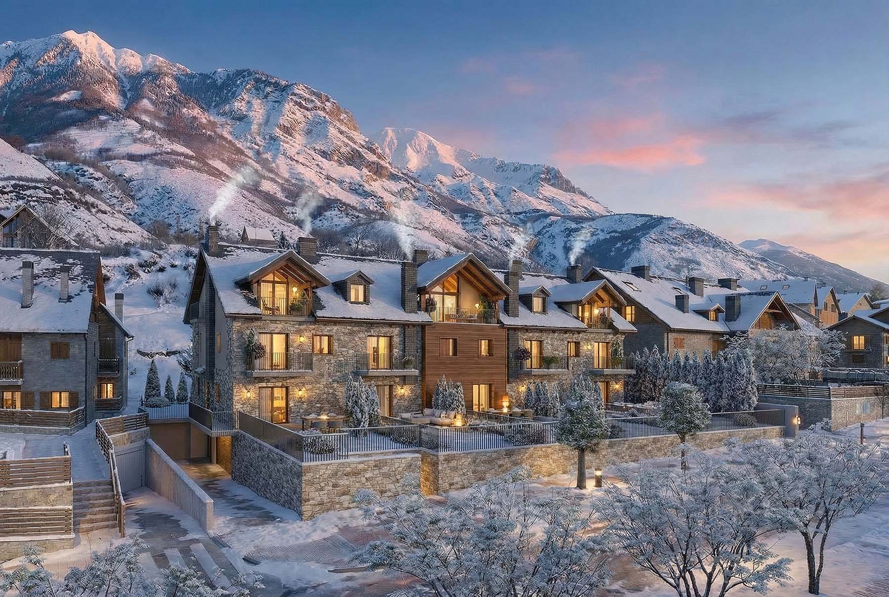 Visualización 3D de edifico de viviendas cubierto de nieve