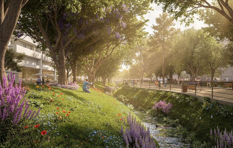 render exterior de jardines públicos en Madrid