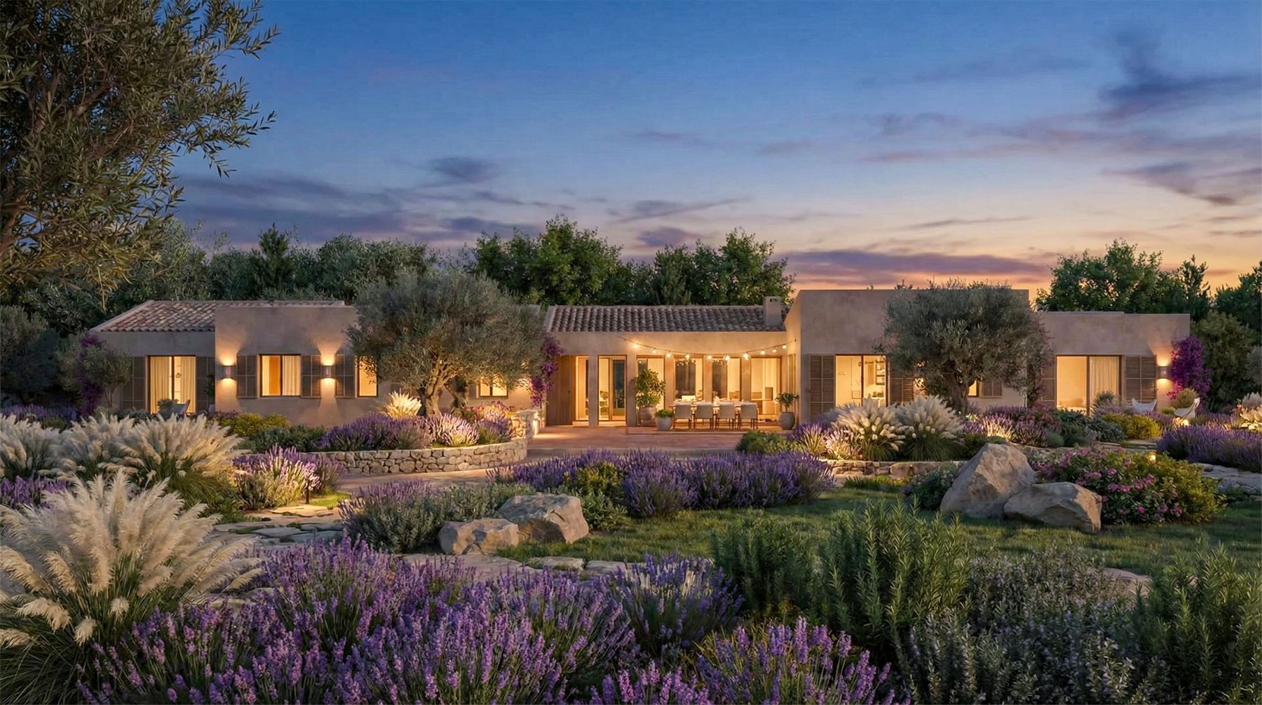 Render 3D nocturno de villa de lujo en Mallorca - ARQUIPLAY