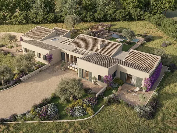 render 3D exterior villa rústica en Mallorca - ARQUIPLAY